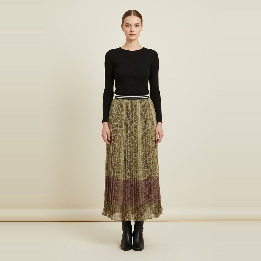 Mystree NWT Pleated Maxi Skirt Womens S Olive Snakeprint Mauve Border Boho